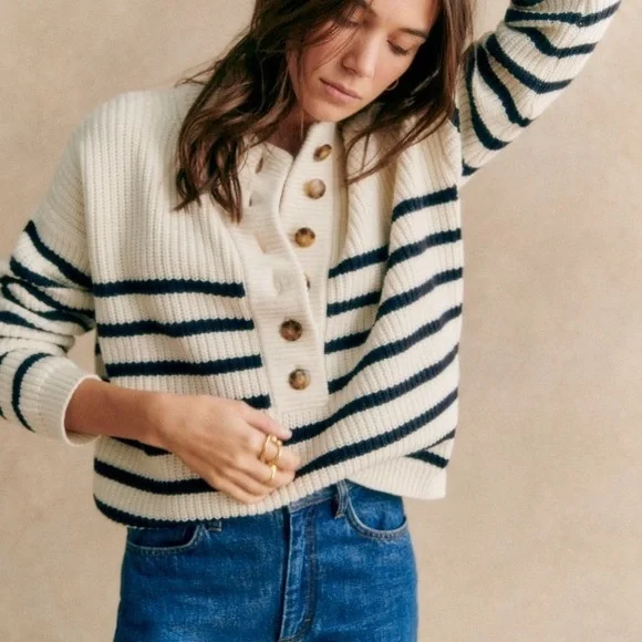 Sezane Lucas Jumper | S | ecru and navy stripe - Picture 2 of 6